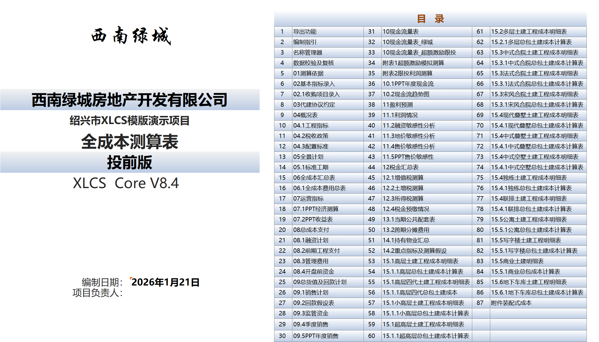 XLCS Core 西绿项目全成本测算正式版预览